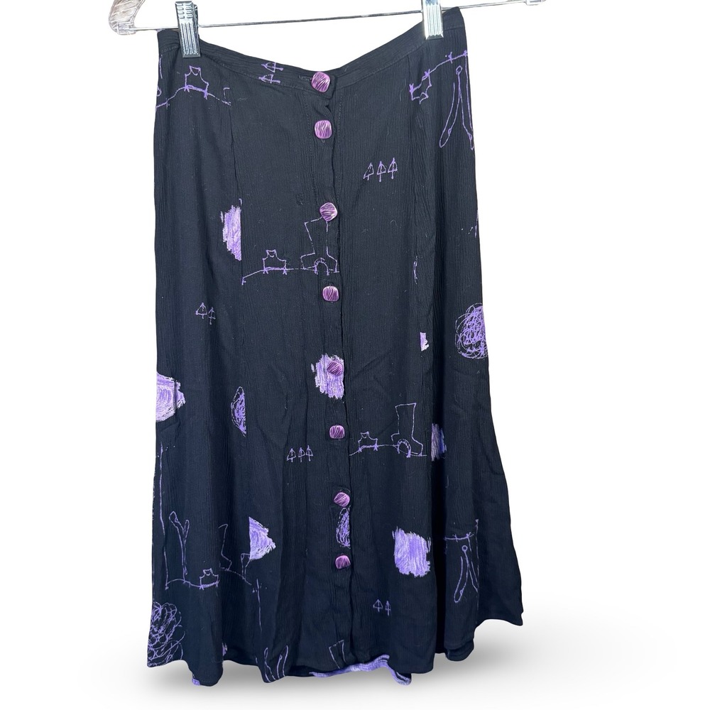 VTG 90s Maxi Skirt Size 8P Petite Black Purple Whimsygoth‎ Abstract Button Y2K